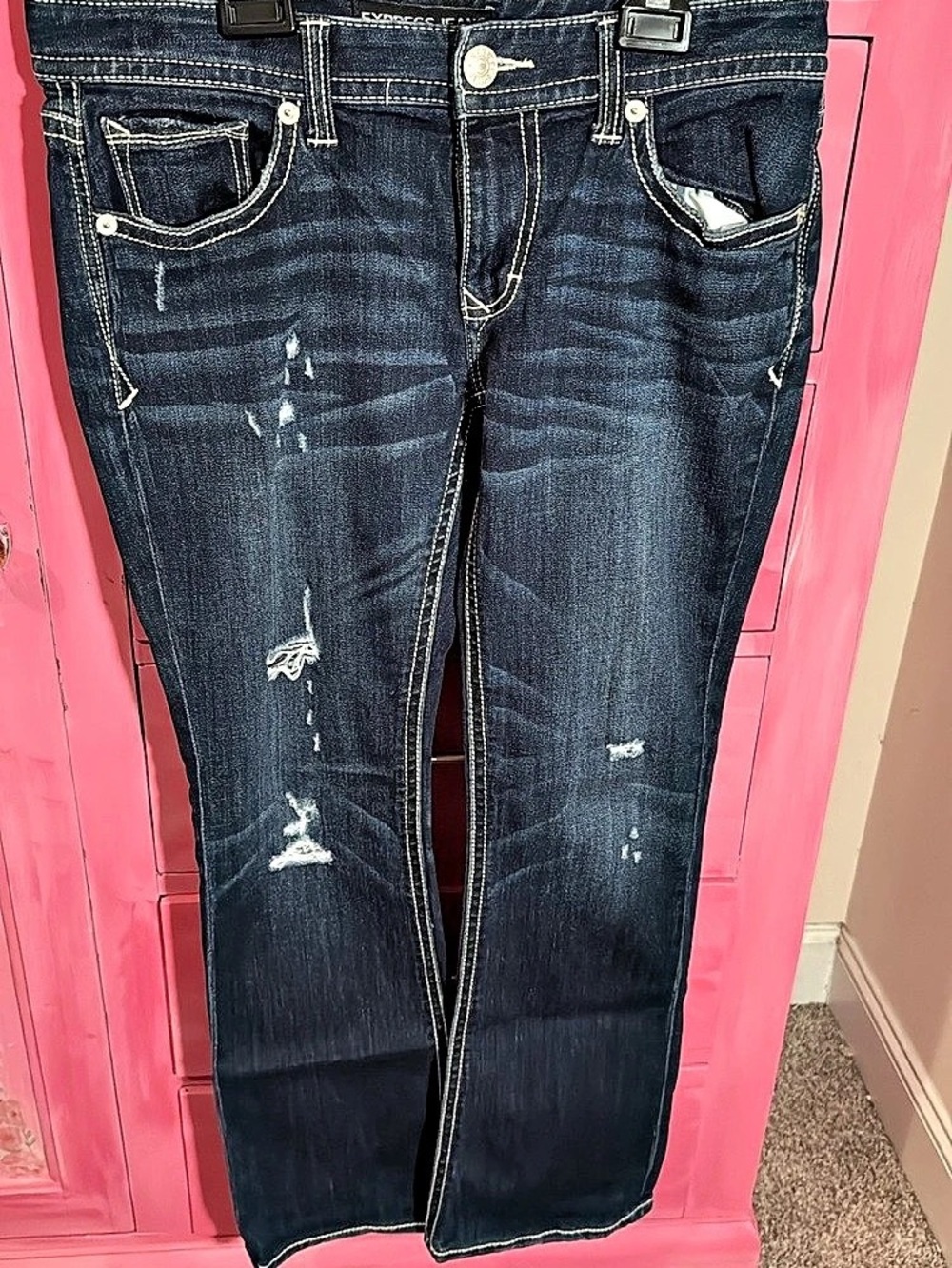 Express Women's Distressed Skinny Boot Jeans in Blue